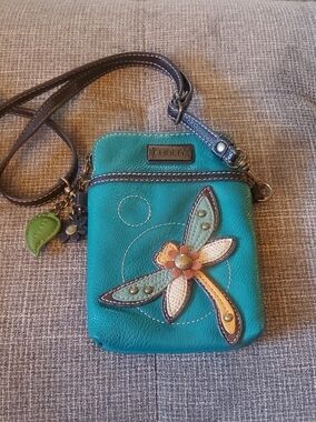 Chala Teal Dragonfly Applique Crossbody Bag with Brown Strap